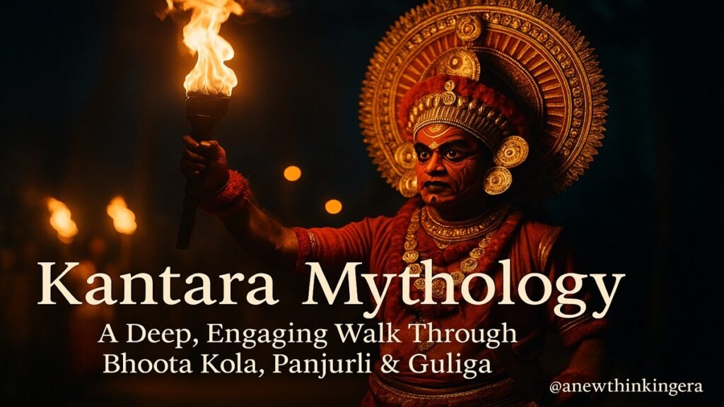Bhoota Kola medium with torch and ornate mudi during night ritual—featured image for Kantara mythology guide