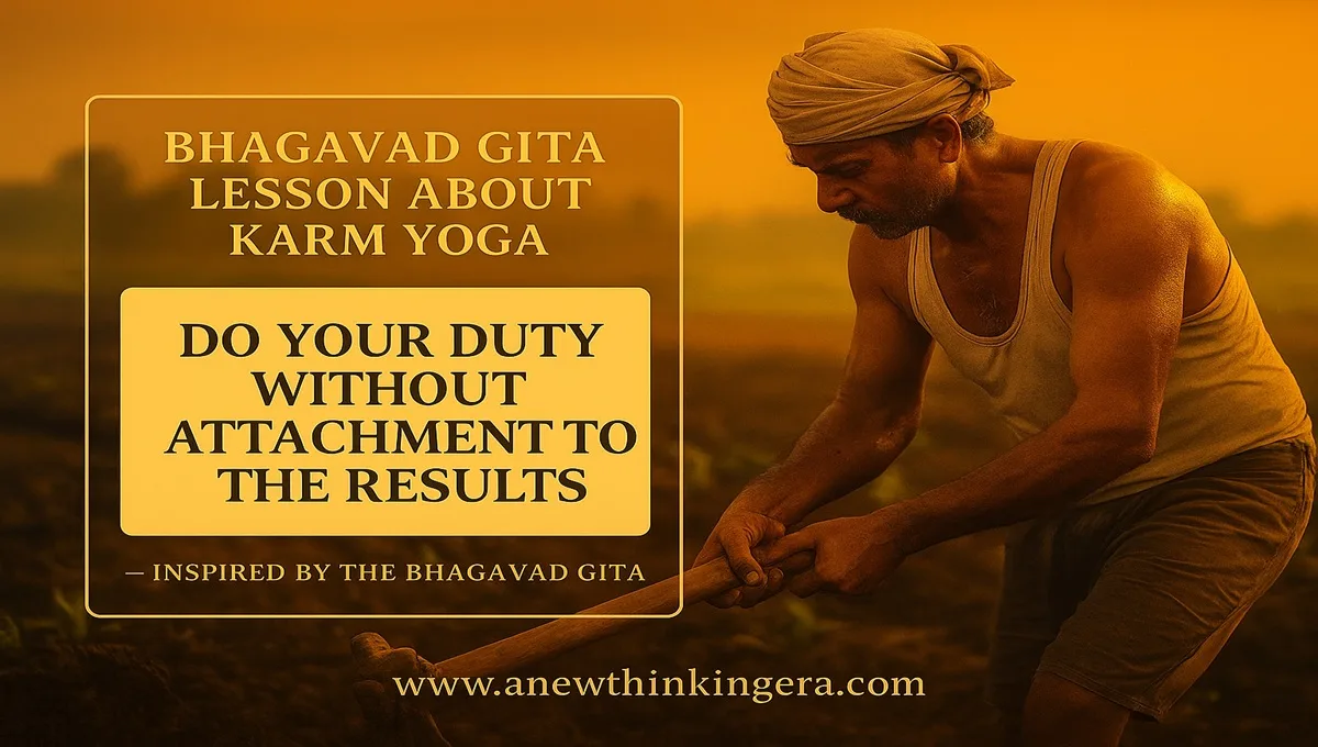 Bhagavad Gita Lesson 1 about Karm Yoga — A man working hard in golden light, symbolizing selfless action and dedication without attachment to results.