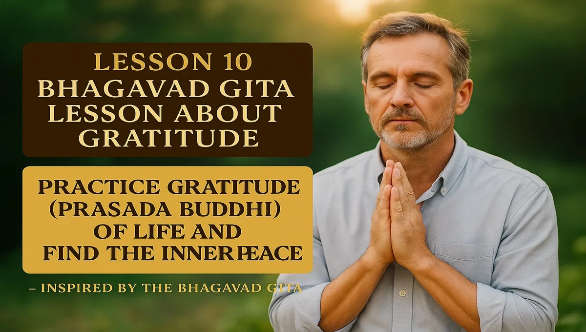 Bhagavad Gita Lesson 10 — Practice Gratitude (Prasada Buddhi) of Life and Find Inner Peace. A realistic image of a person standing in gentle rain under sunrise, eyes closed and palms open in gratitude.