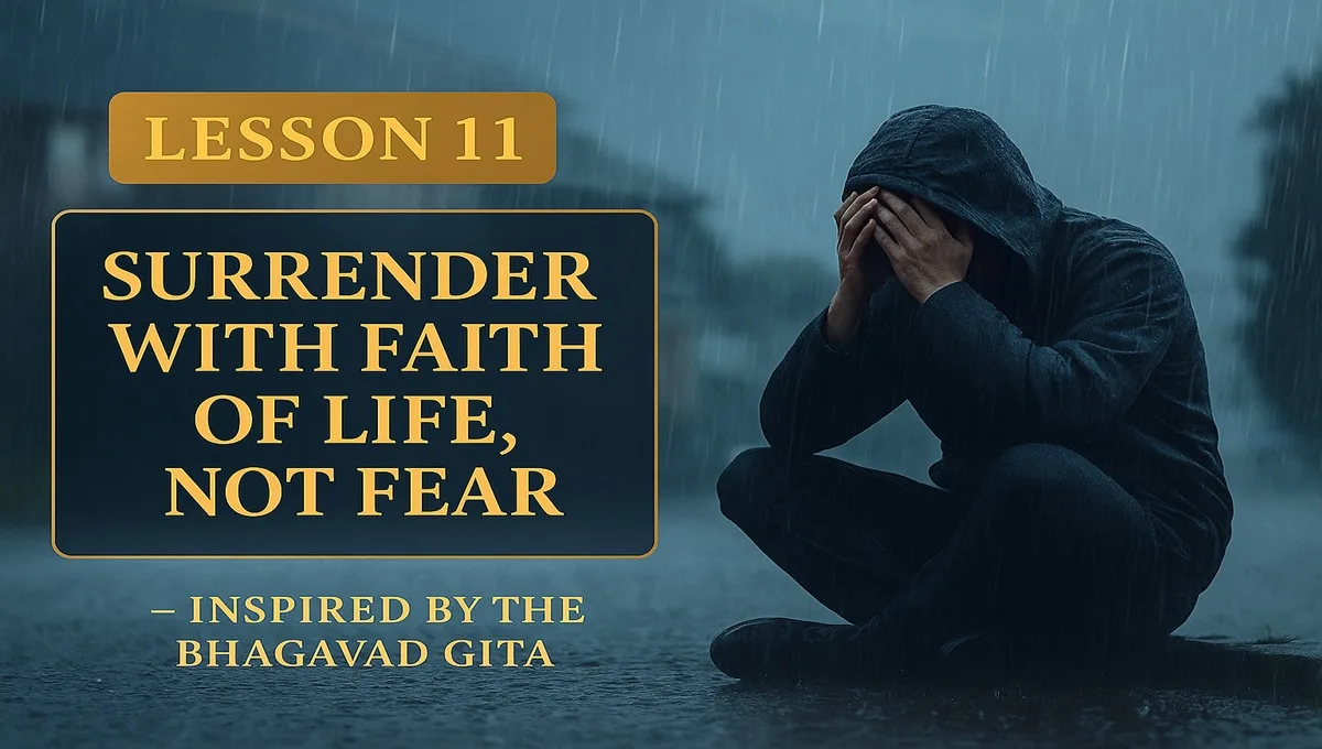 Bhagavad Gita Lesson 11 — Surrender with Faith, Not Fear. A realistic image of a person sitting in rain, reflecting faith over fear, inspired by the teachings of Lord Krishna.