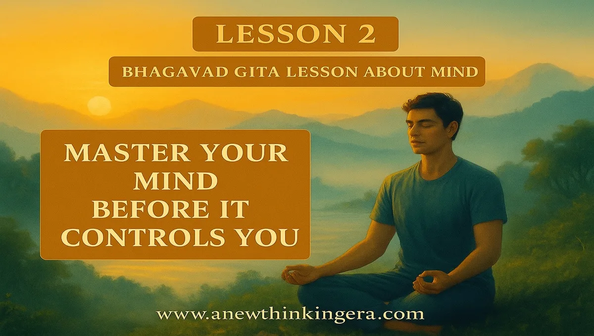 A serene digital illustration inspired by the Bhagavad Gita Lesson 2 — a man doing yoga at sunrise in calm mountains, symbolizing self-control and mindfulness.