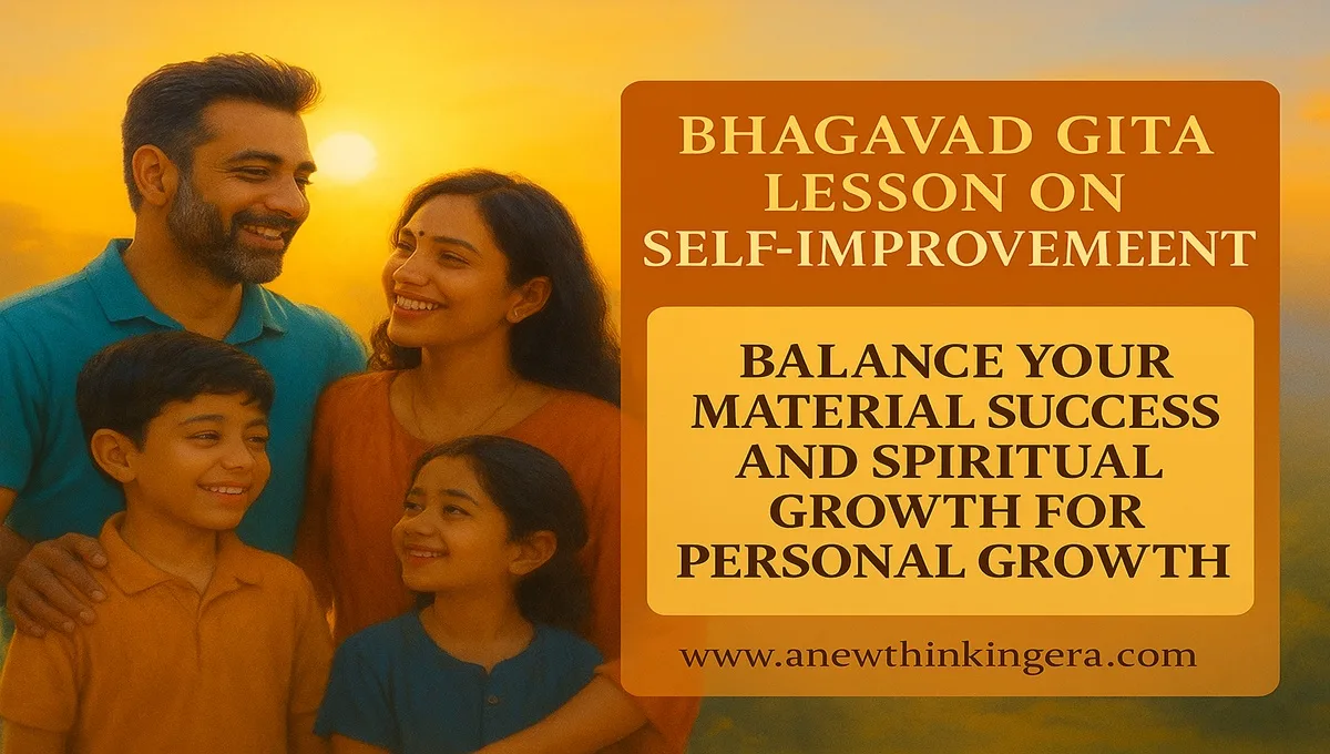Bhagavad Gita Lesson on Self-Improvement — A happy family under sunrise symbolizing balance between material success and spiritual growth.