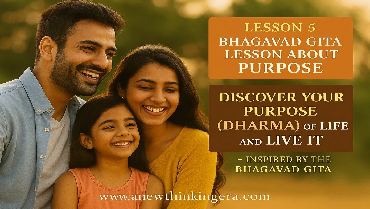 Bhagavad Gita Lesson 5 — Discover Your Purpose (Dharma) of Life and Live It. A happy family standing together at sunrise, symbolizing purpose, peace and gratitude inspired by the Bhagavad Gita.