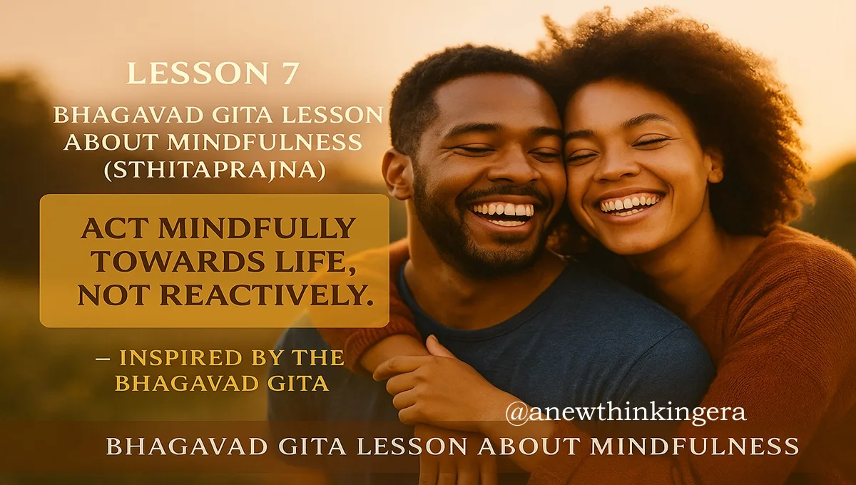 Bhagavad Gita Lesson 7 — A serene family smiling peacefully in nature, symbolizing mindfulness and balance inspired by Lord Krishna’s teachings on Sthitaprajna.