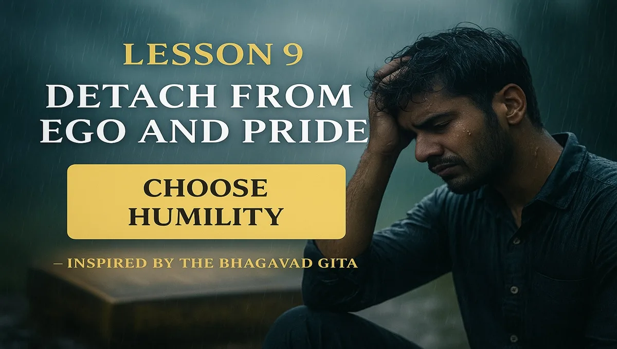 Bhagavad Gita Lesson 9 — Detach from ego (Ahamkara) and pride (Mada) of life and choose humility. An inspiring digital illustration showing a person seeing humility in their reflection, symbolizing self-realization and spiritual balance.