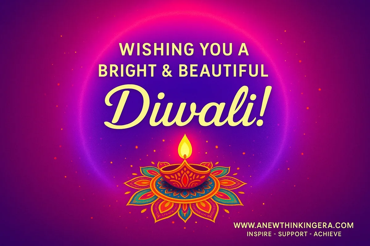 101 Heartfelt Diwali Wishes, Quotes & Mantras to Prosperity 2025 5 Diwali Wishes 2025: “Wishing you a bright and beautiful Diwali wish image with glowing diya and colorful rangoli | www.anewthinkingera.com
| Inspire Support Achieve”