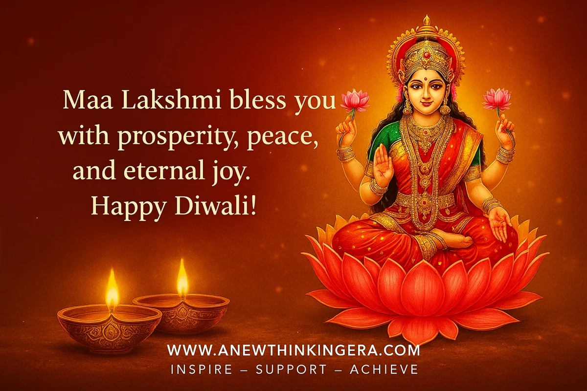101 Heartfelt Diwali Wishes, Quotes & Mantras to Prosperity 2025 11 Maa Lakshmi blessing with lotus and diyas for prosperity and peace | anewthinkingera.com