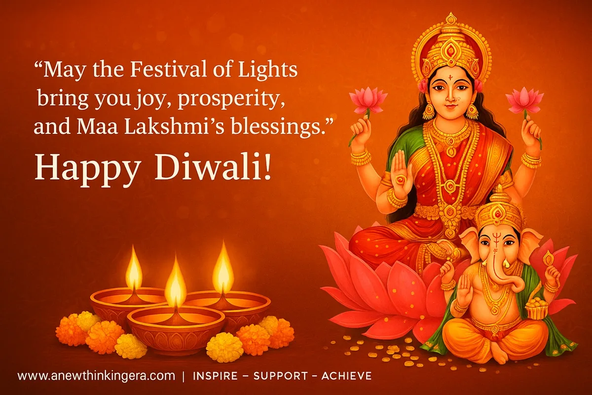 101 Heartfelt Diwali Wishes, Quotes & Mantras to Prosperity 2025 7 “Maa Lakshmi and Lord Ganesha blessing Diwali wish image with diyas and marigold flowers | anewthinkingera.com”