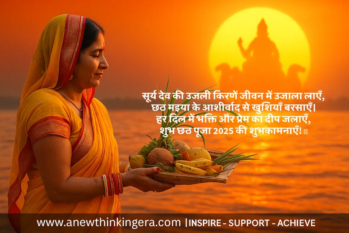 A devotional Chhath Puja Wishes image in Hindi of a woman performing Chhath Puja 2025 at sunrise, holding a bamboo basket of fruits and offerings on a riverbank, with Surya Dev in the glowing background and Hindi text conveying festive wishes.