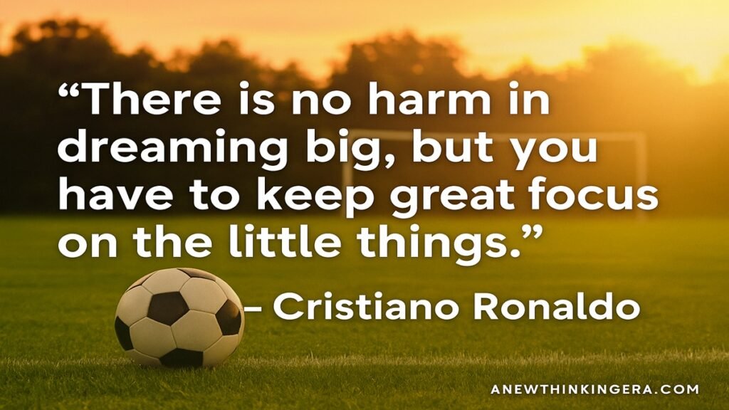Cristiano Ronaldo Quotes – “There is no harm in dreaming big” motivational image with football background