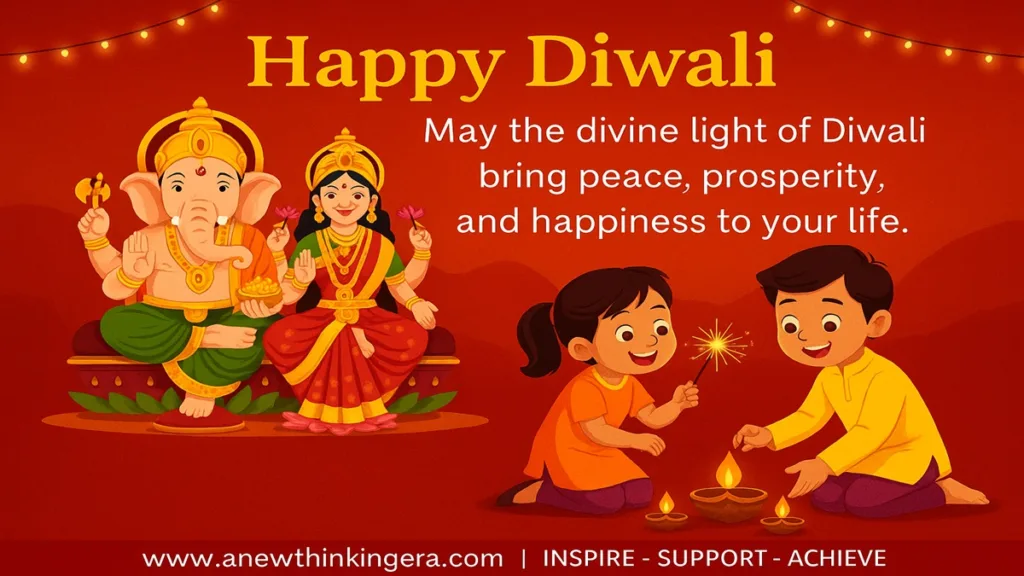 101 Heartfelt Diwali Wishes, Quotes & Mantras to Prosperity 2025 3 Vibrant Diwali wishes 2025 image featuring Goddess Lakshmi, Lord Ganesha, diyas, and a happy family celebrating with lights and colors.