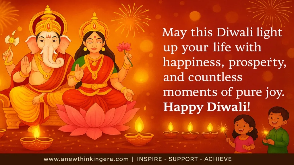 101 Heartfelt Diwali Wishes, Quotes & Mantras to Prosperity 2025 4 Diwali 2025 wishes image featuring Goddess Lakshmi, Lord Ganesha, diyas, rangoli, fireworks, and a happy family celebrating the festival of lights.