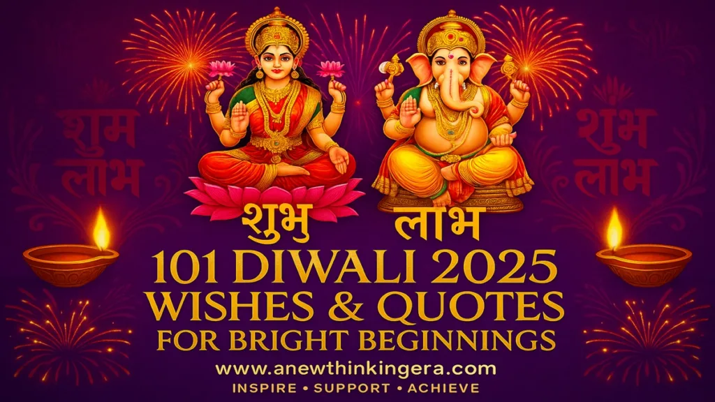 Diwali Wishes 2025 image with Goddess Lakshmi and Lord Ganesha, Shubh Labh symbols, diyas, and firecrackers in vibrant festive background with text ‘101 Diwali 2025 Wishes & Quotes for Bright Beginnings’.