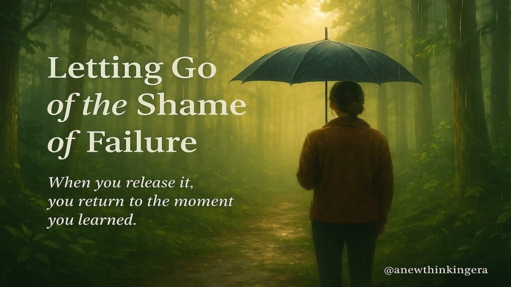 The Art of Starting Over: How to Rebuild Life After Failure with Strength & Grace 3 A person standing under an umbrella in a peaceful forest after rain, sunlight filtering through trees — symbolizing letting go of the shame of failure and emotional healing.