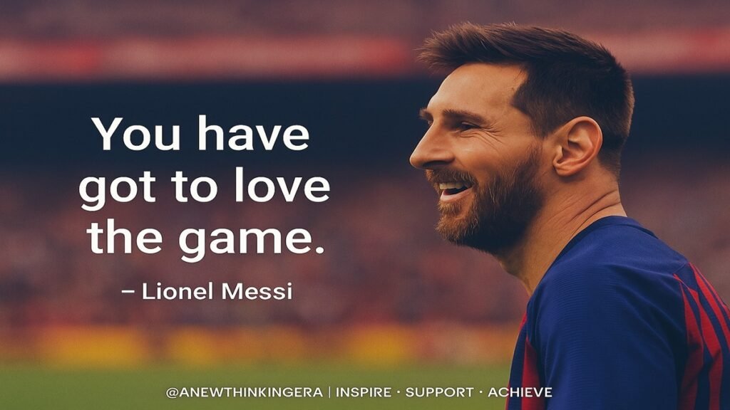 51 Powerful Lionel Messi Quotes to Fuel Your Champion Mindset 2 Lionel Messi smiling in a football stadium, Lionel Messi quote “You have got to love the game.” – Lionel Messi displayed on screen.