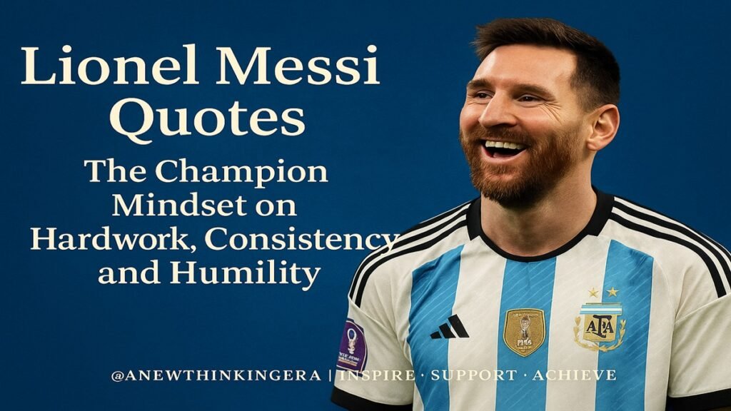 Lionel Messi smiling in Argentina jersey on a blue background with headline “Lionel Messi Quotes — The Champion Mindset on Hardwork, Consistency and Humility.”