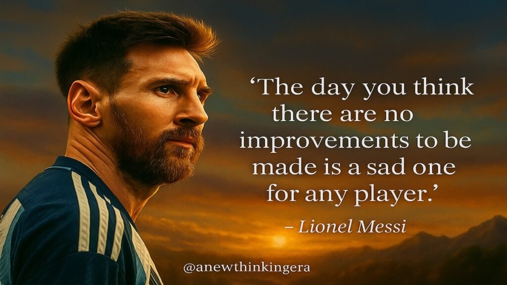 51 Powerful Lionel Messi Quotes to Fuel Your Champion Mindset 3 Lionel Messi Quotes – “The day you think there are no improvements to be made is a sad one for any player.” motivational image.