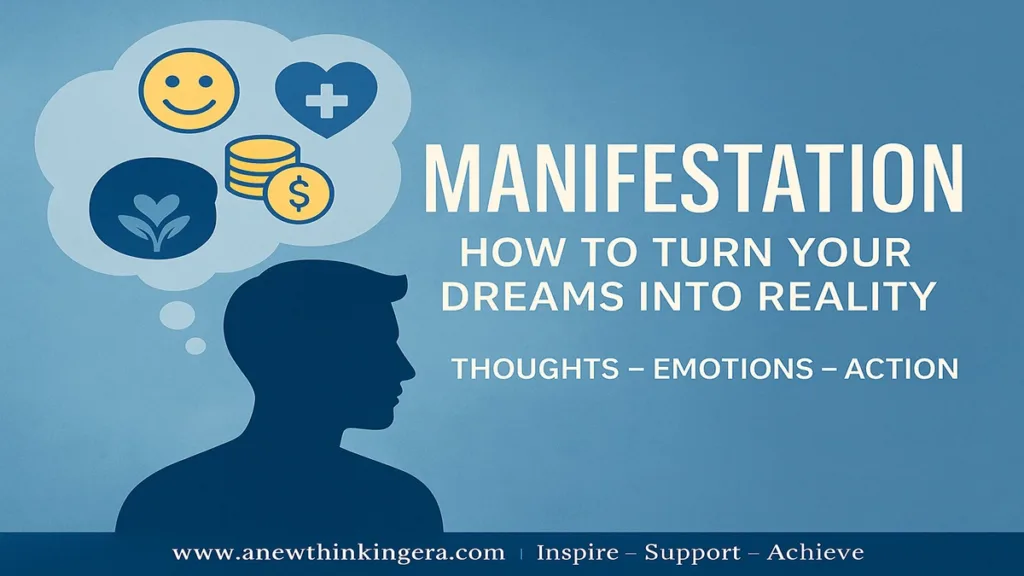 Manifestation Mastery: Transforming Thoughts into Reality in 2025 3 Manifestation: a person thinking with icons for happiness, love, and wealth inside a thought bubble.