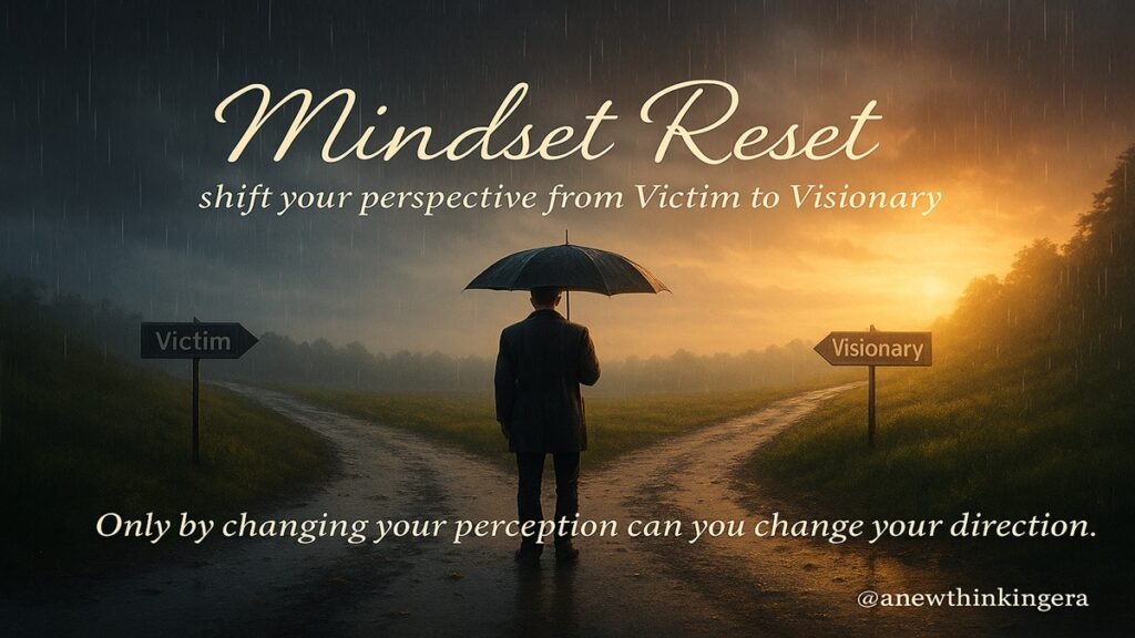 The Art of Starting Over: How to Rebuild Life After Failure with Strength & Grace 4 A man standing in rain at a crossroads choosing between Victim and Visionary paths under stormy sky, symbolizing mindset reset and turning pain into power.