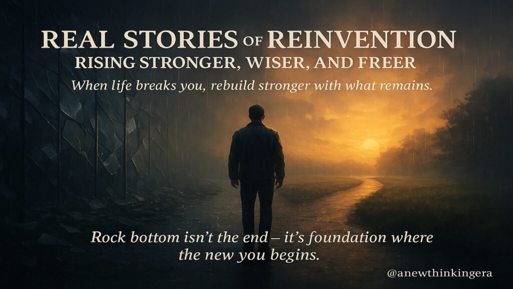 The Art of Starting Over: How to Rebuild Life After Failure with Strength & Grace 6 Real Stories of Reinvention — a person standing at a crossroads under rain, facing sunrise, symbolizing how to rebuild life after failure and rise stronger.