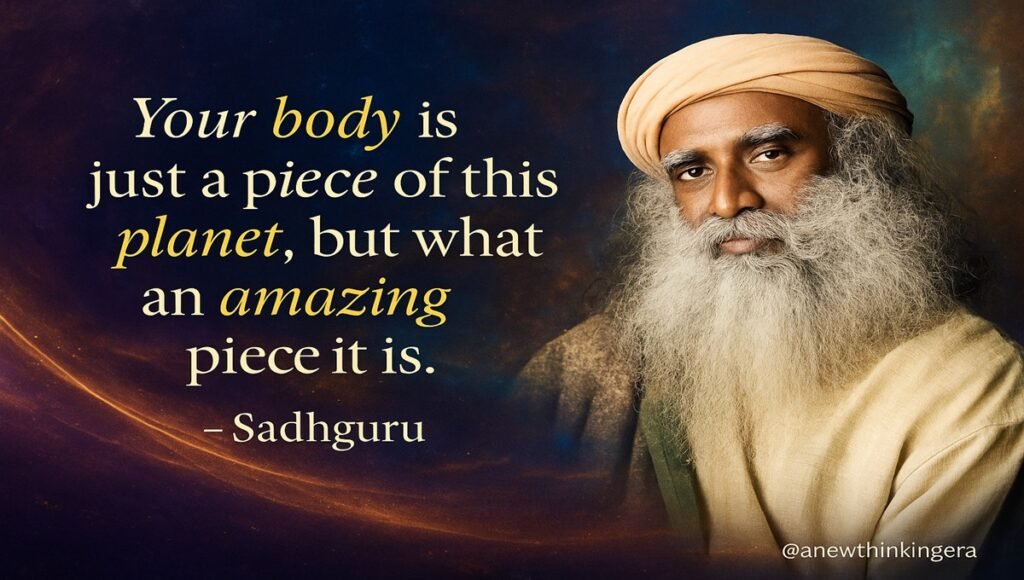 Sadhguru quotes on the body and planet with a cosmic abstract background.