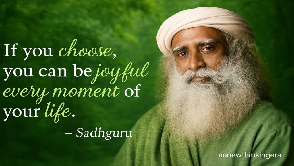 Sadhguru quote on joy and choice with a green forest background – motivational image.