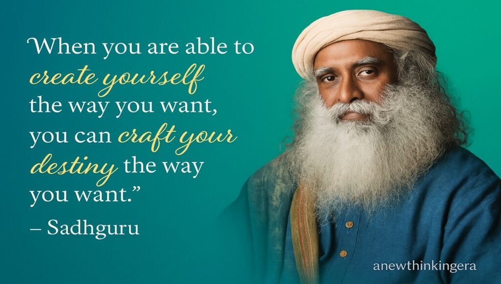 Sadhguru quotes on creating yourself and crafting destiny with a teal-blue background.