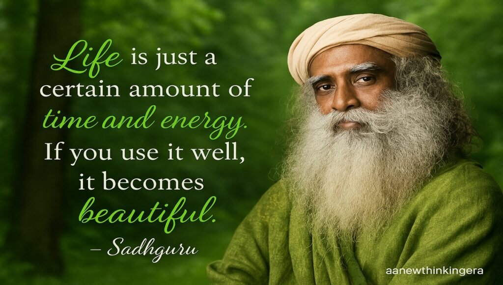 Sadhguru quote on life, time, and energy with a green nature background.