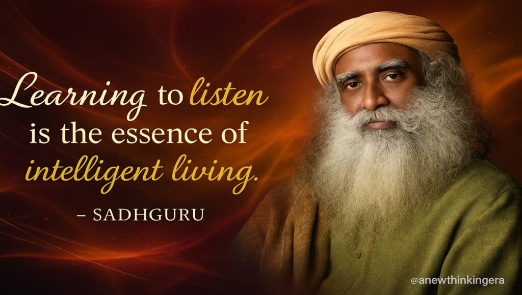Sadhguru quotes on listening and intelligent living with an abstract red-orange background.