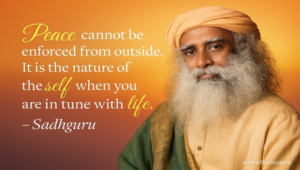 Sadhguru quote on peace and self with a golden sunrise background.