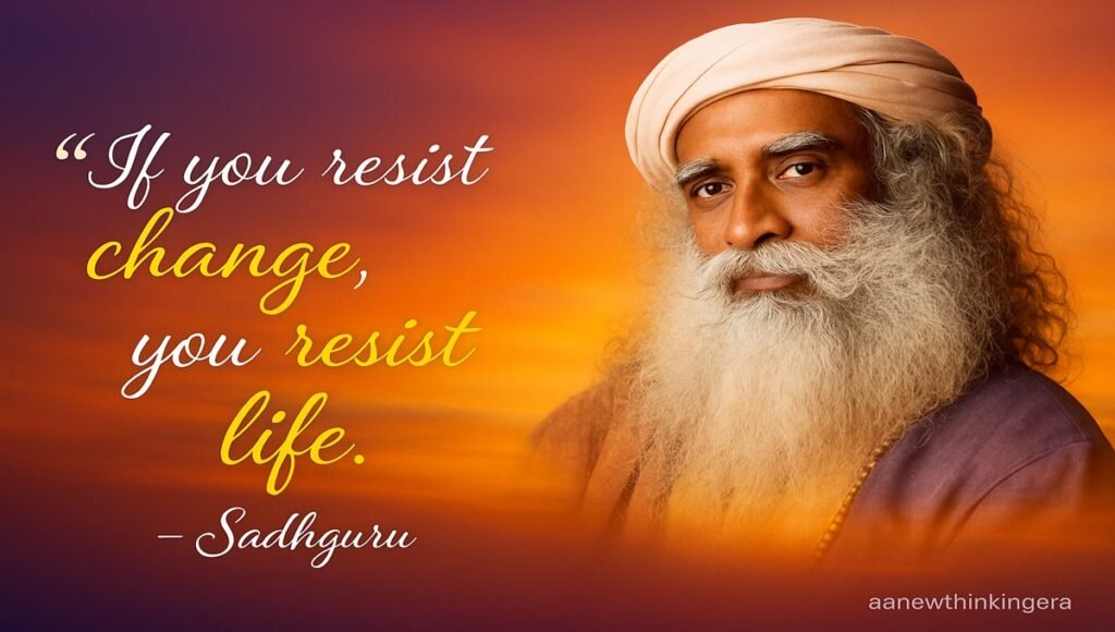 Inspirational Sadhguru quote – “If you resist change, you resist life” with cursive highlighted text on a sunset background.