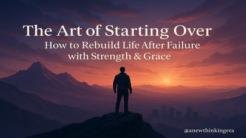The Art of Starting Over: How to Rebuild Life After Failure with Strength & Grace 1 The Art of Starting Over :The Art of Starting Over: How to Rebuild Life After Failure with Strength & Grace— A man standing on a mountain peak overlooking a sunrise cityscape, symbolizing rebuilding life after failure with strength and grace.