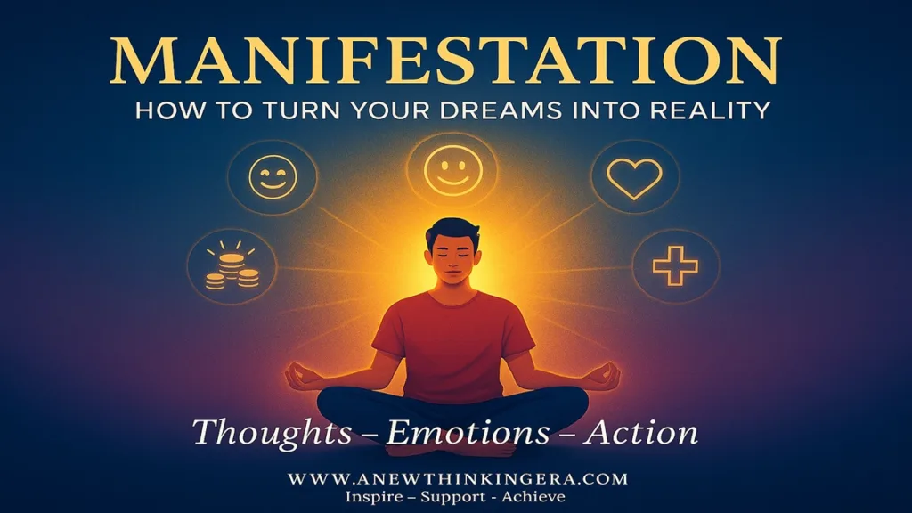 A meditating person surrounded by soft glowing symbols of happiness, money, health, and love against a blue-violet-golden gradient background, representing the art of manifestation and alignment of thoughts, emotions, and action.