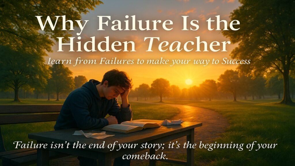 The Art of Starting Over: How to Rebuild Life After Failure with Strength & Grace 2 A young man sitting on a park bench at sunrise reading a book, reflecting on failure and success. Title text reads “Why Failure Is the Hidden Teacher — learn from Failures to make your way to Success.”