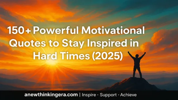 150+ Powerful Motivational Quotes to Stay Inspired in Hard Times (2025) 9 150+ Powerful Motivational Quotes to Stay Inspired in Hard Times (2025) displayed on a vibrant sunrise background with a silhouette raising hands on a mountain.