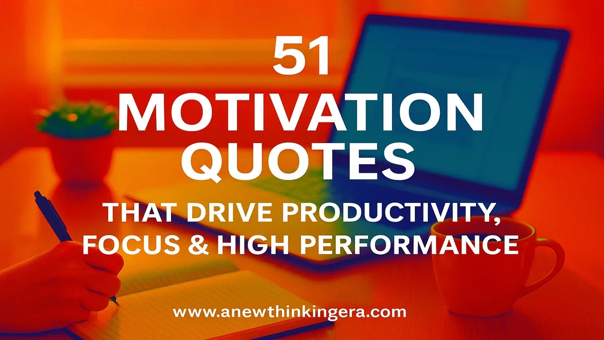Featured image showing “51 Motivation Quotes That Drive Productivity, Focus & High Performance” with a vibrant workspace background, notebook, laptop, and coffee mug, symbolizing productivity, focus, and daily motivation.
