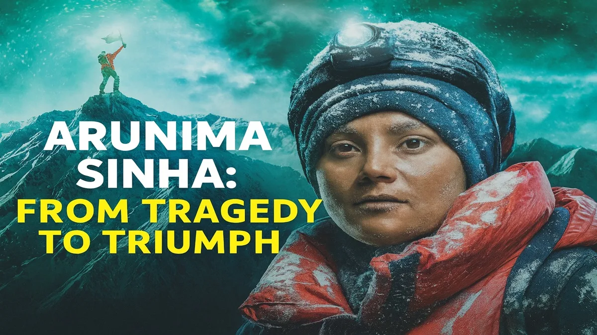 Arunima Sinha inspirational story feature image showing her snowy Everest expedition with bold title text “From Tragedy to Triumph” in 16:9 aspect ratio.
