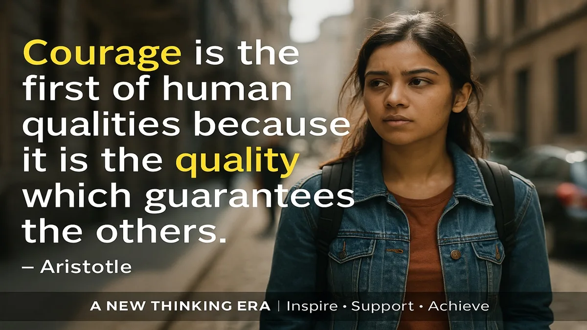Motivational quote image of a young woman walking on a street with Aristotle’s quote, “Courage is the first of human qualities,” by A New Thinking Era.