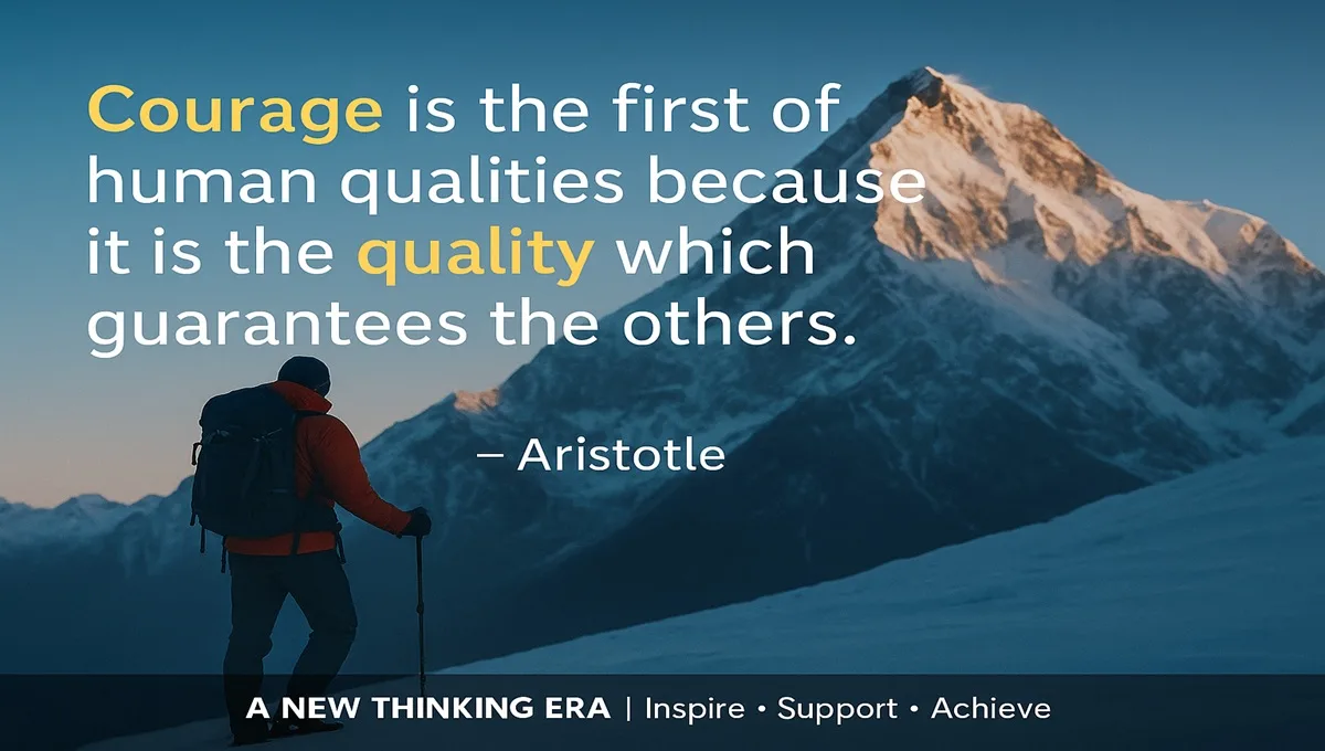 Aristotle courage and quality quote over mountain backdrop