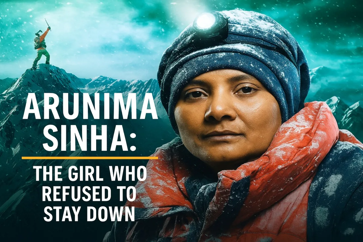 Arunima Sinha Inspirational Story feature image – inspiring portrait of the first female amputee to climb Mount Everest with motivational title text "The Girl Who Refused to Stay Down" on a snowy mountain background.