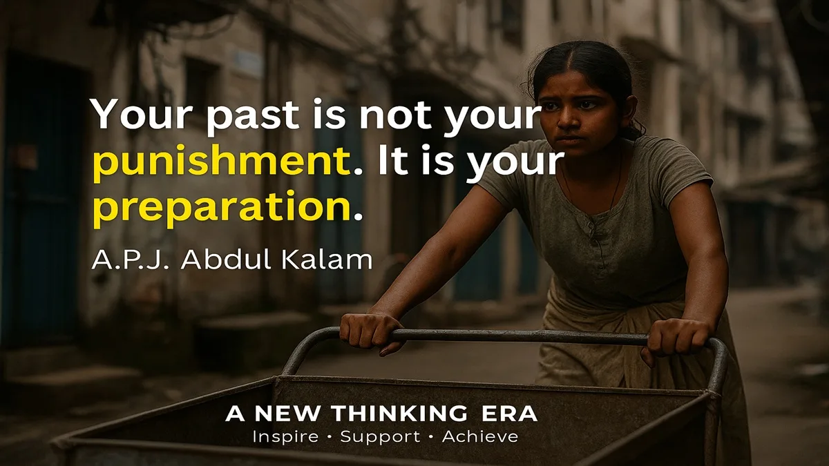 Girl pushing a heavy cart in a narrow street symbolizing struggle with quote by APJ Abdul Kalam.