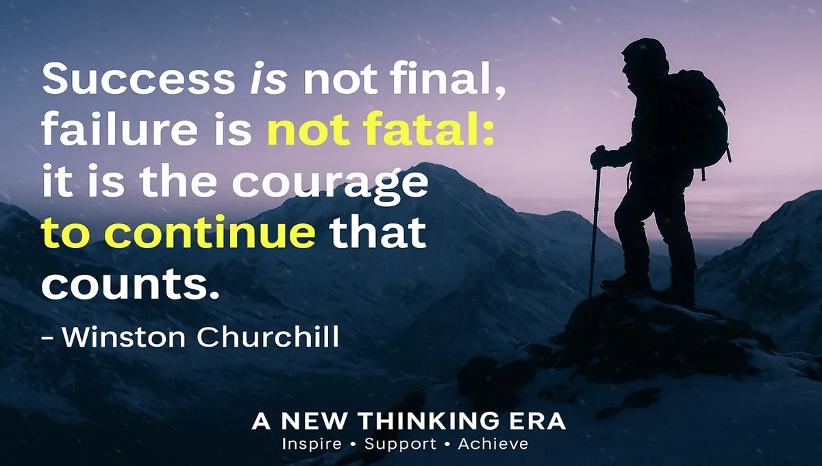 Inspirational quote by Winston Churchill on snowy mountain background