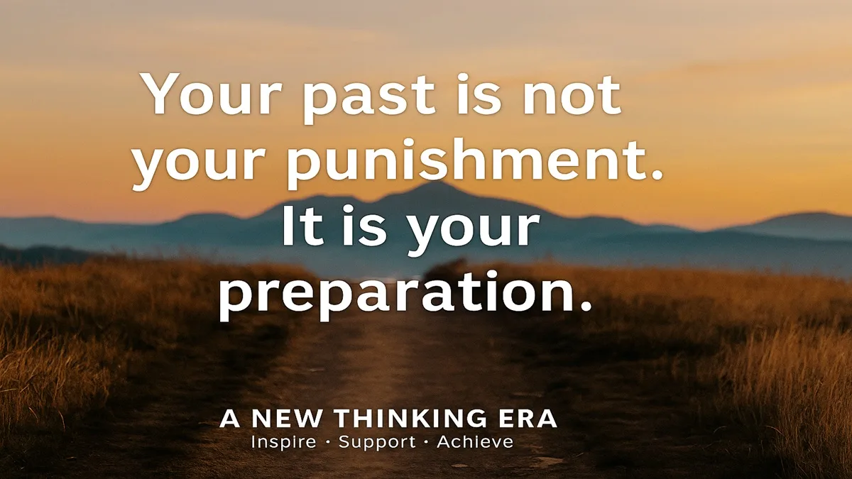 Motivational quote image saying “Your past is not your punishment, it is your preparation” with sunset landscape background and A New Thinking Era branding.
