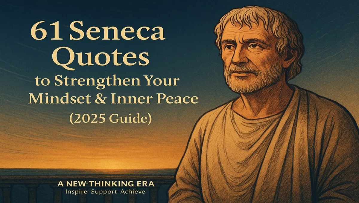 Illustrated portrait of the Stoic philosopher Seneca beside the title “61 Seneca Quotes to Strengthen Your Mindset & Inner Peace (2025 Guide)” with a sunset background for A New Thinking Era
