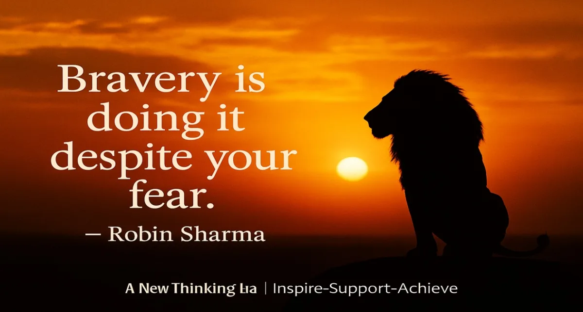 Motivational Robin Sharma quote Bravery is doing it despite your fear with silhouette of a lion at sunset in 16:9 format, courage mindset inspiration by A New Thinking Era