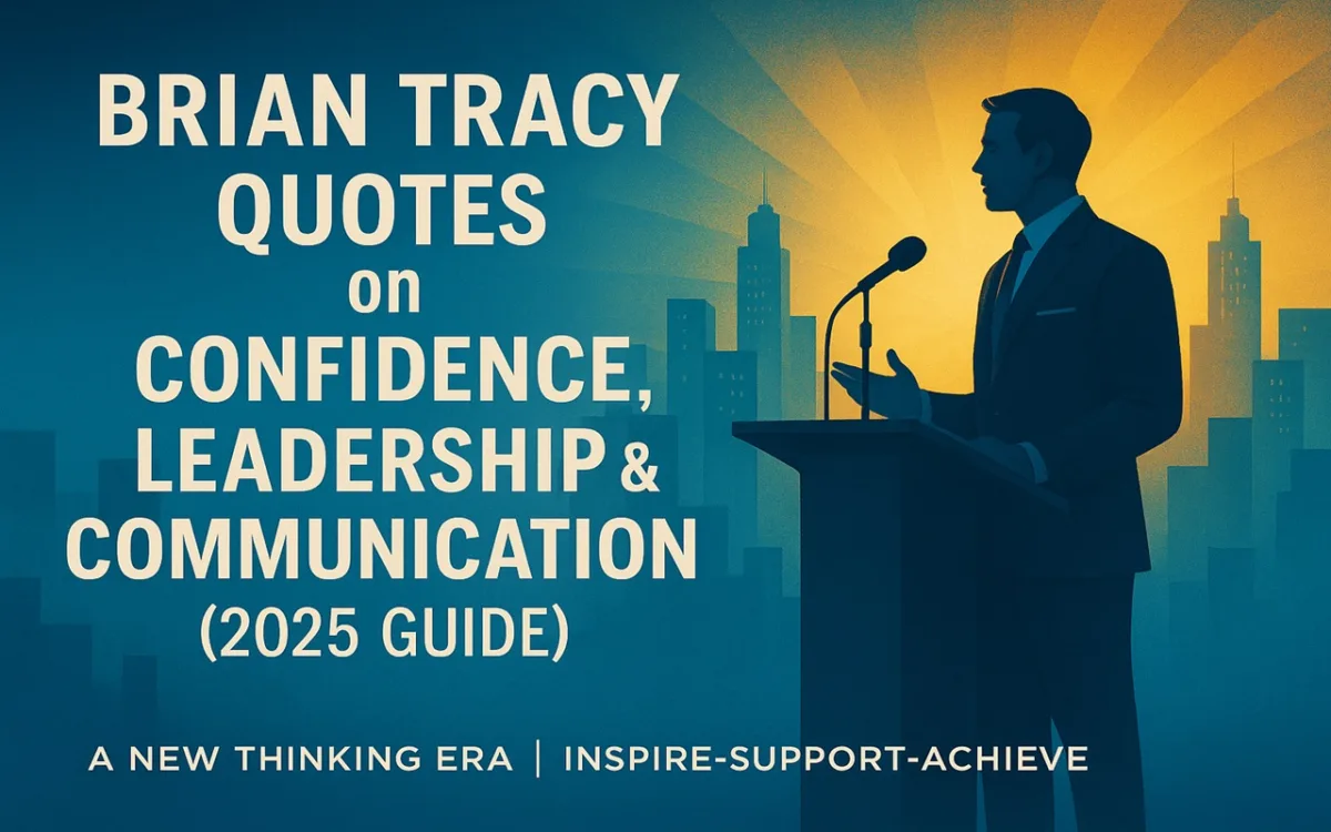 Brian Tracy quotes on confidence leadership and communication 2025 guide motivational speaker silhouette at podium with city skyline