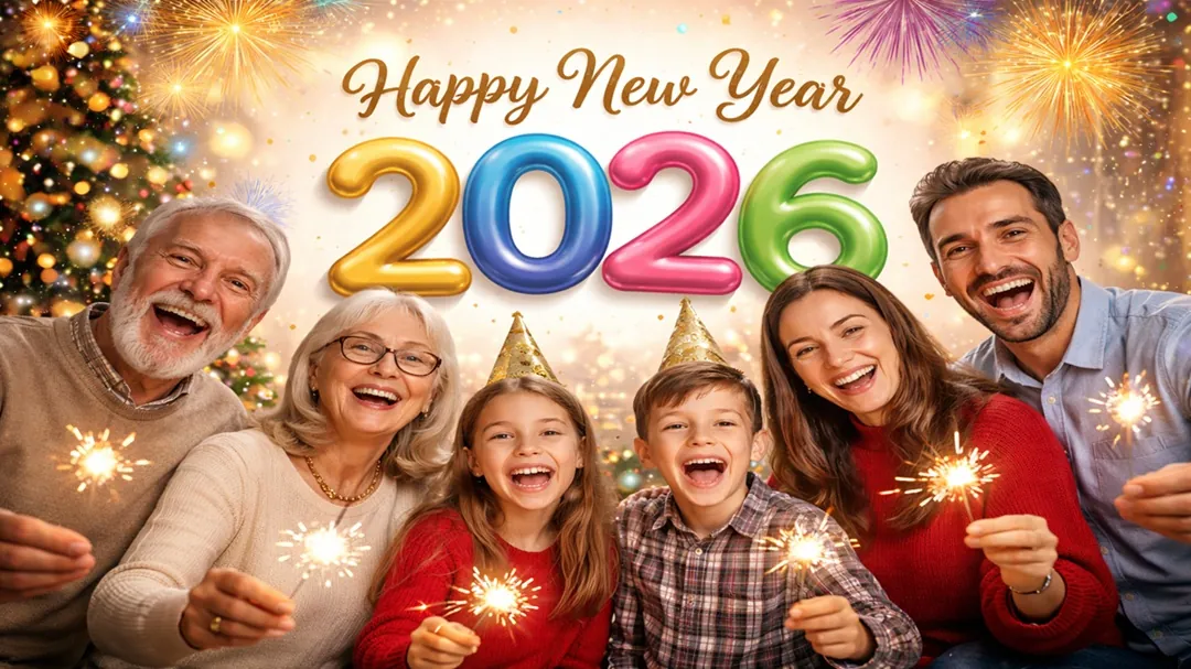Happy New Year 2026 wishes family celebration with sparklers and fireworks background