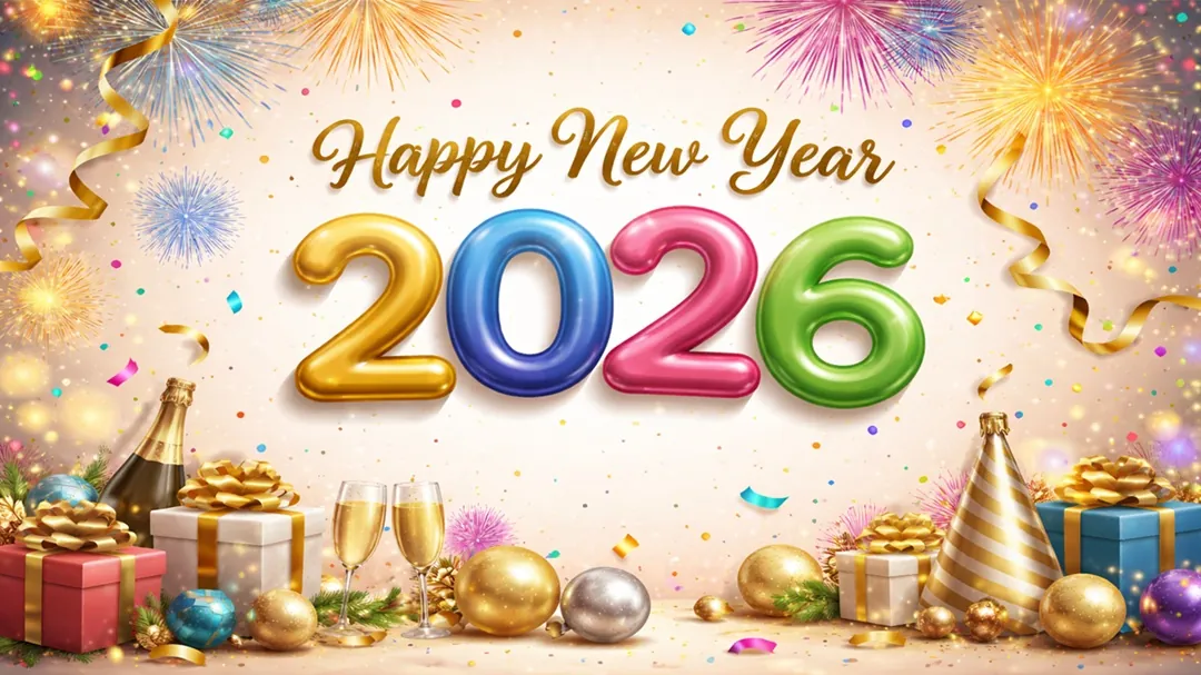 Happy New Year 2026 festive greeting image with fireworks, balloons, gifts and celebration decor