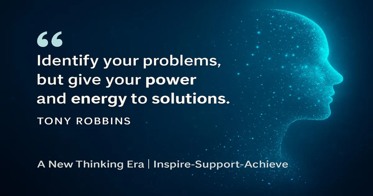 51 Powerful Tony Robbins Quotes to Transform Your Life, Mindset and Success (2025 Guide) 5 Tony Robbins quote βIdentify your problems, but give your power and energy to solutionsβ on a dark blue digital background with a glowing human head silhouette and A New Thinking Era | Inspire-Support-Achieve watermark.