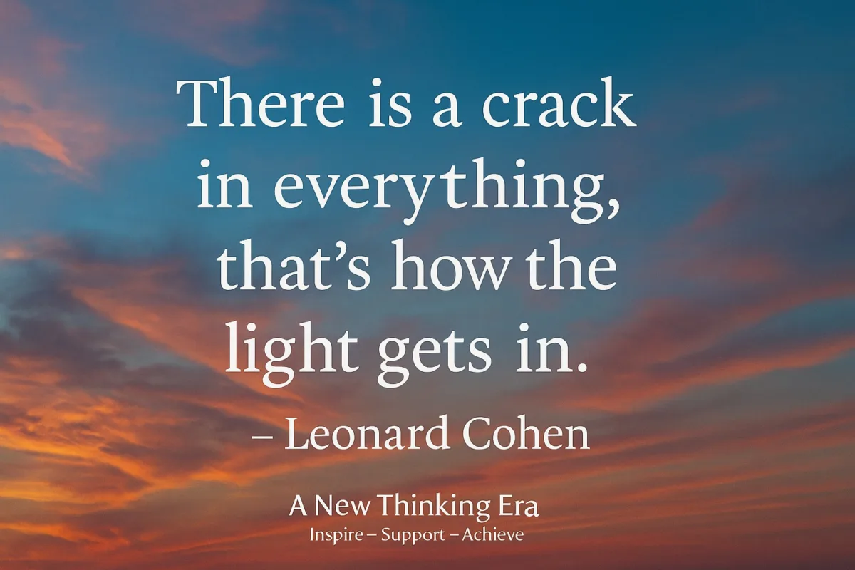 Mental Health Quotes: Leonard Cohen quote there is a crack in everything that’s how the light gets in on calming sunset sky background